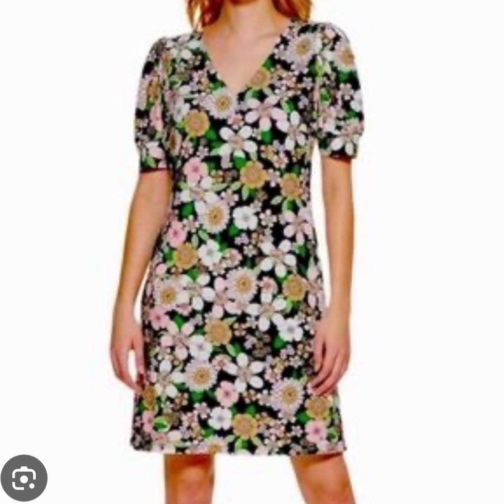 Tommy Hilfiger Black Floral V‑Neck Midi Dress with Pink, White & Green